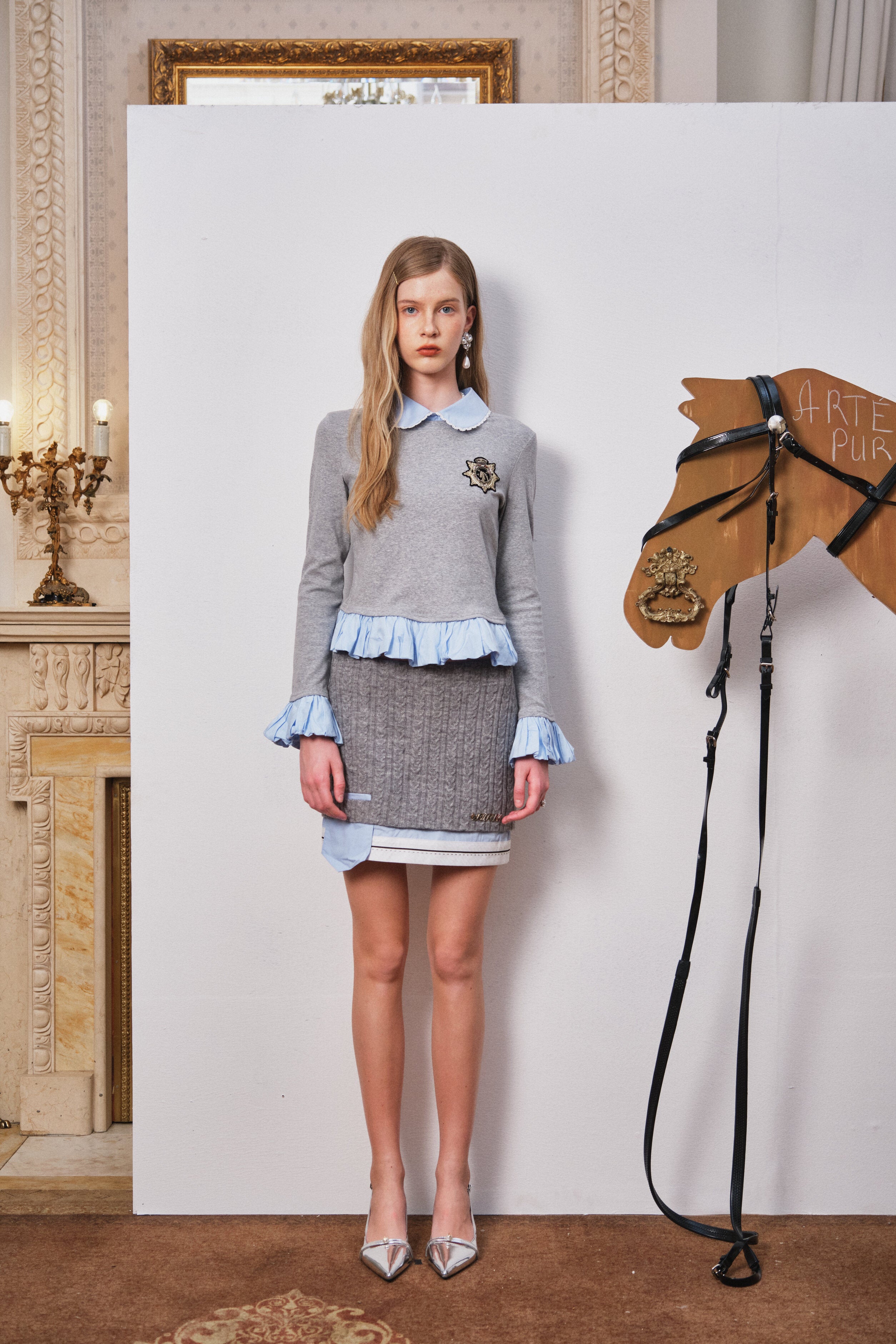 Gray Cable-Knit Panel Skirt with Faux Pockets