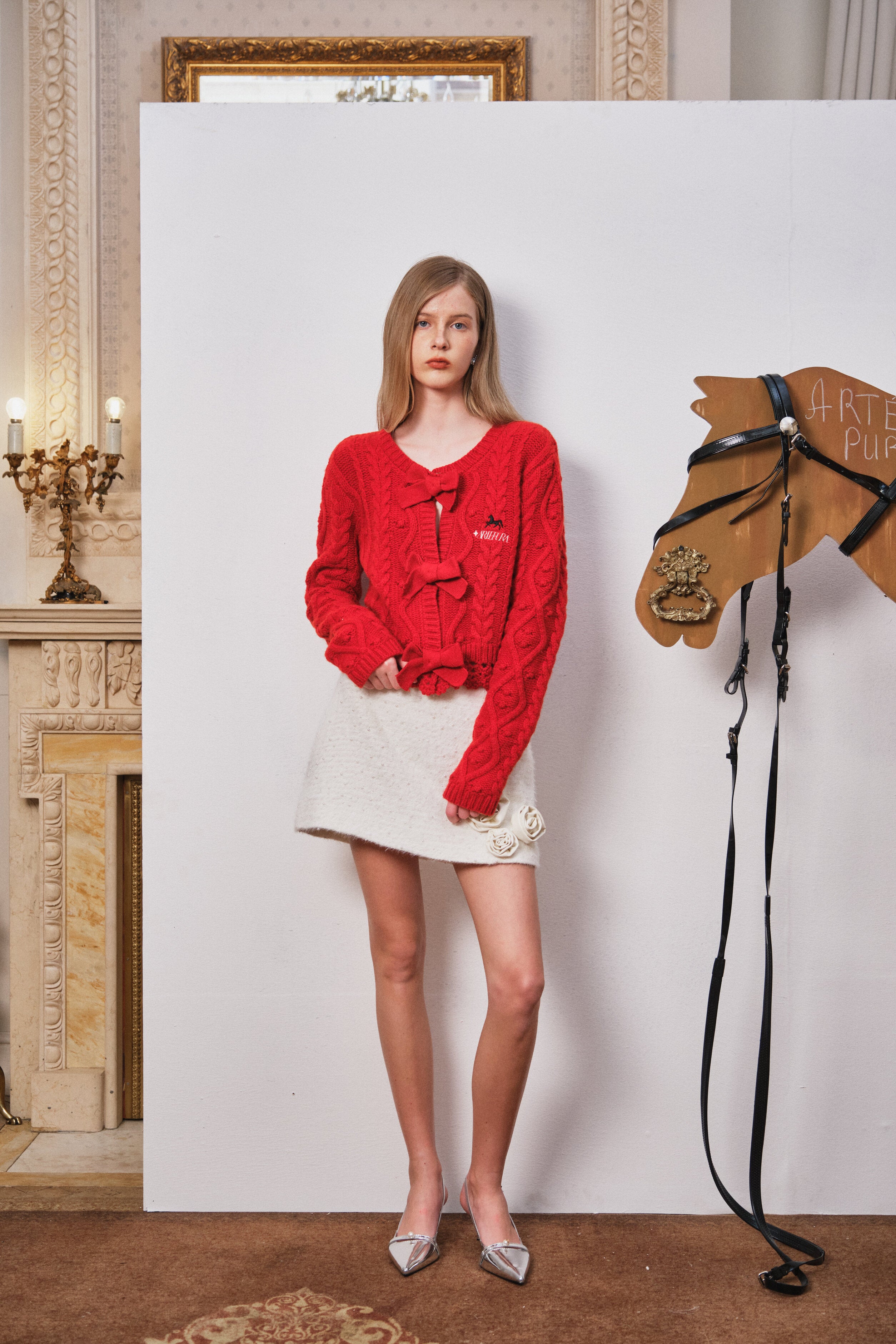 Red Wool Knit Cardigan with Bow Trim