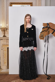 Black Velvet Beaded Mesh Lace Dress