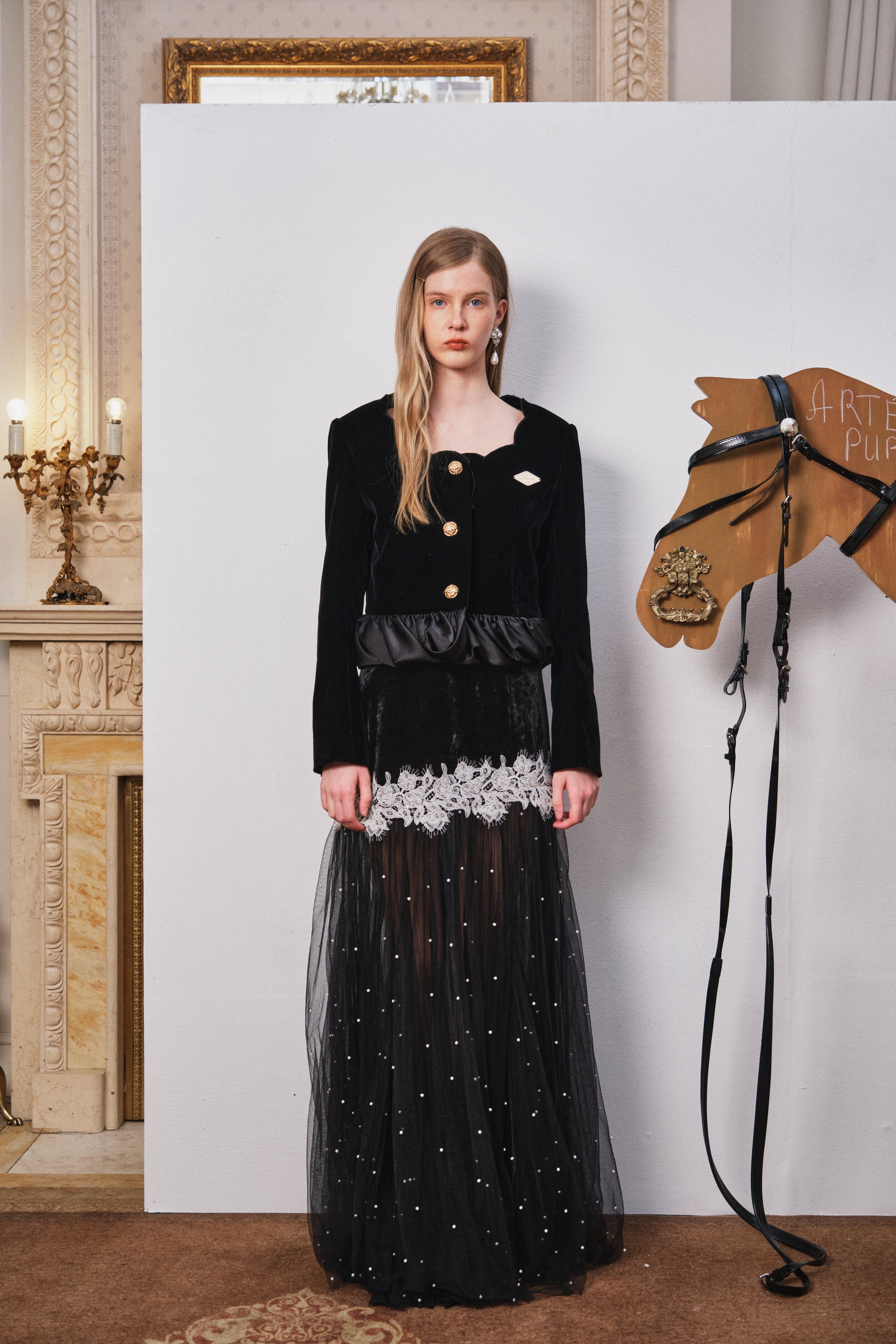 Black Velvet Beaded Mesh Lace Dress