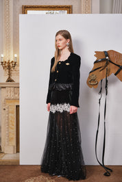 Black Velvet Beaded Mesh Lace Dress