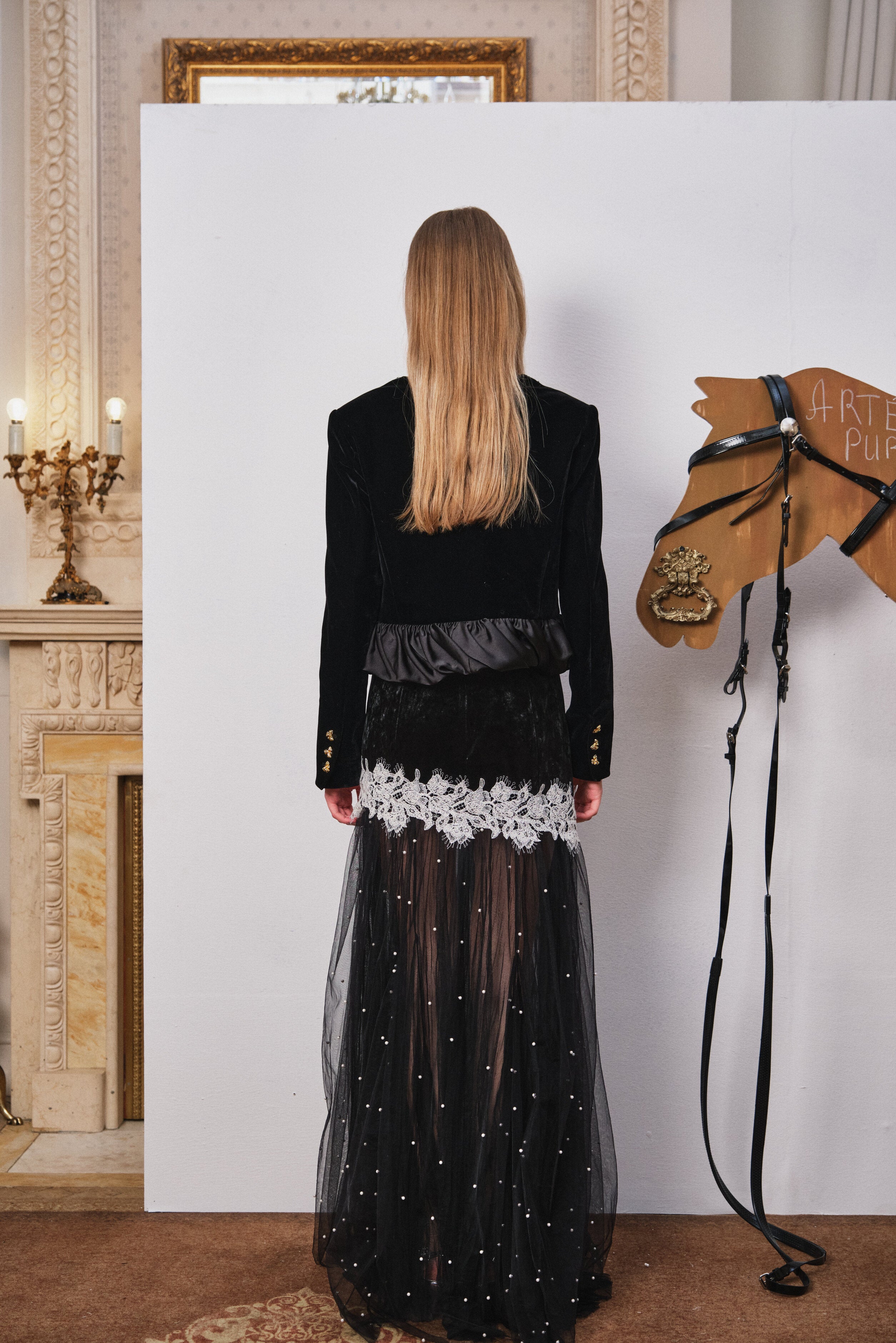 Black Velvet Beaded Mesh Lace Dress
