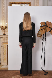 Black Lace Split Flared Pants with Belt Detail