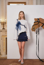 White Mesh Bow Contrast Lace Long-Sleeve Tee