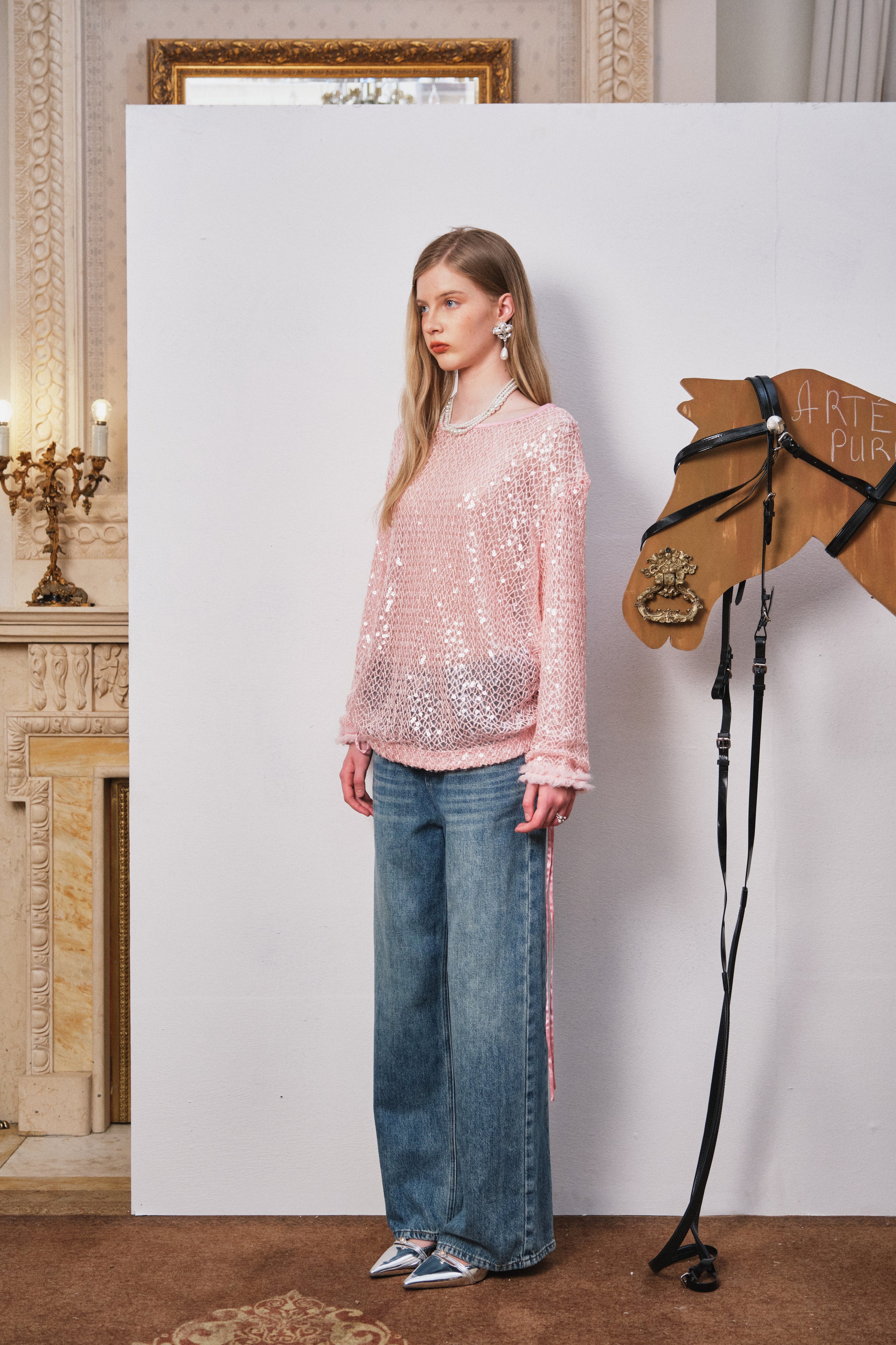 Blue Asymmetrical Lace Wide-Leg Denim Pants