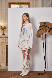 White Printed Lace Hoodie Fleece Long T-Shirt