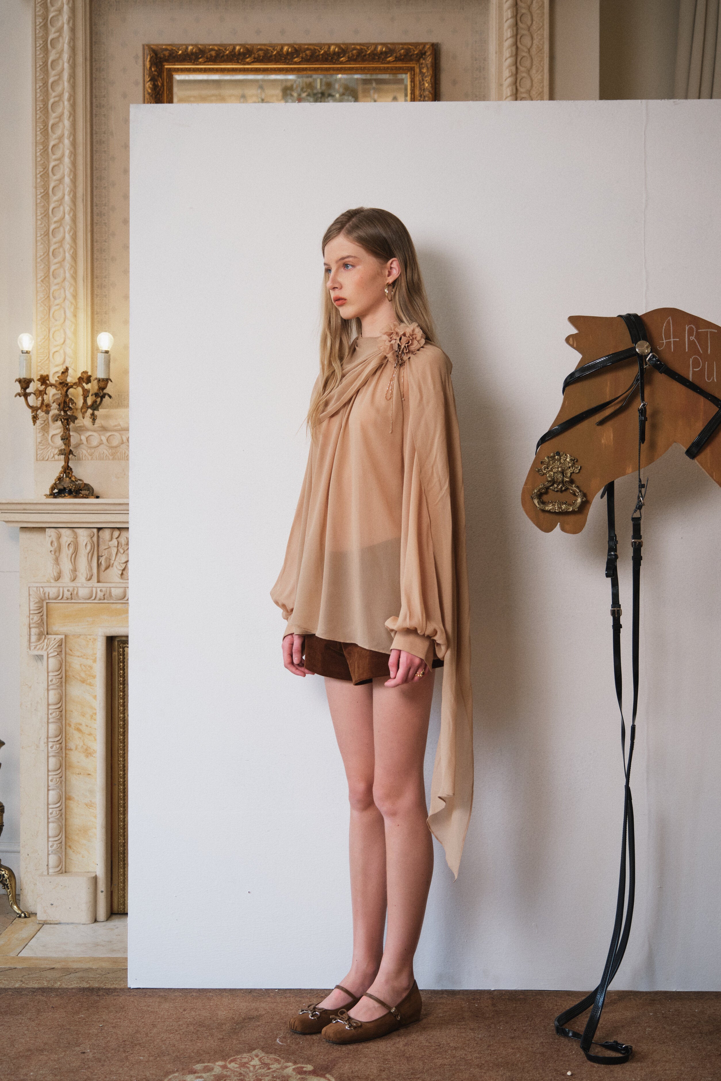 Light Brown Silk Floral Ribbon Blouse