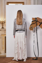 White Wavy-Hem Midi Skirt with Belt