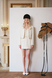 White Pearl-Embellished Jacket with 3D Floral Decor
