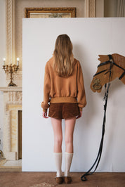 Brown Rhinestone Fleece-Brooch Sweatshirt