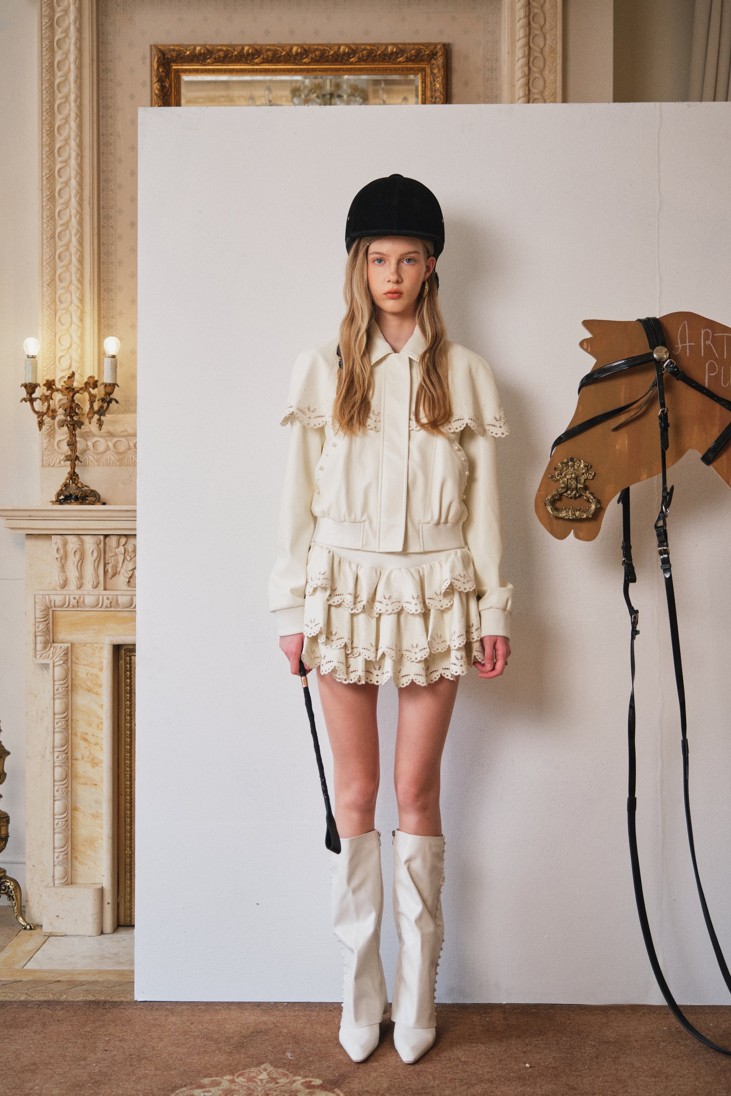 Ivory Laser-Cut Embossed Leather Tiered Skirt