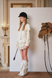 Ivory Laser-Cut Embossed Leather Tiered Skirt
