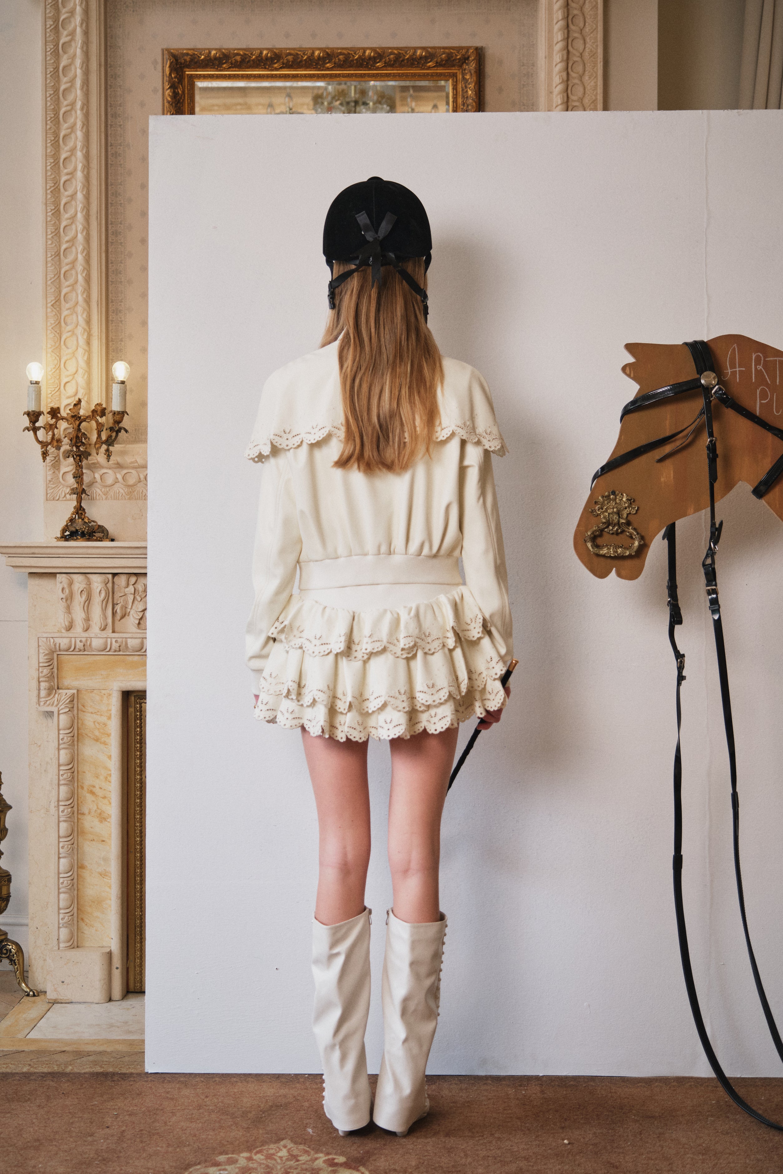 Ivory Laser-Cut Embossed Leather Tiered Skirt