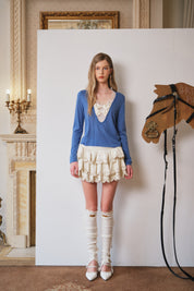 Blue Lace-Trim Knit Top with Contrasting Bow