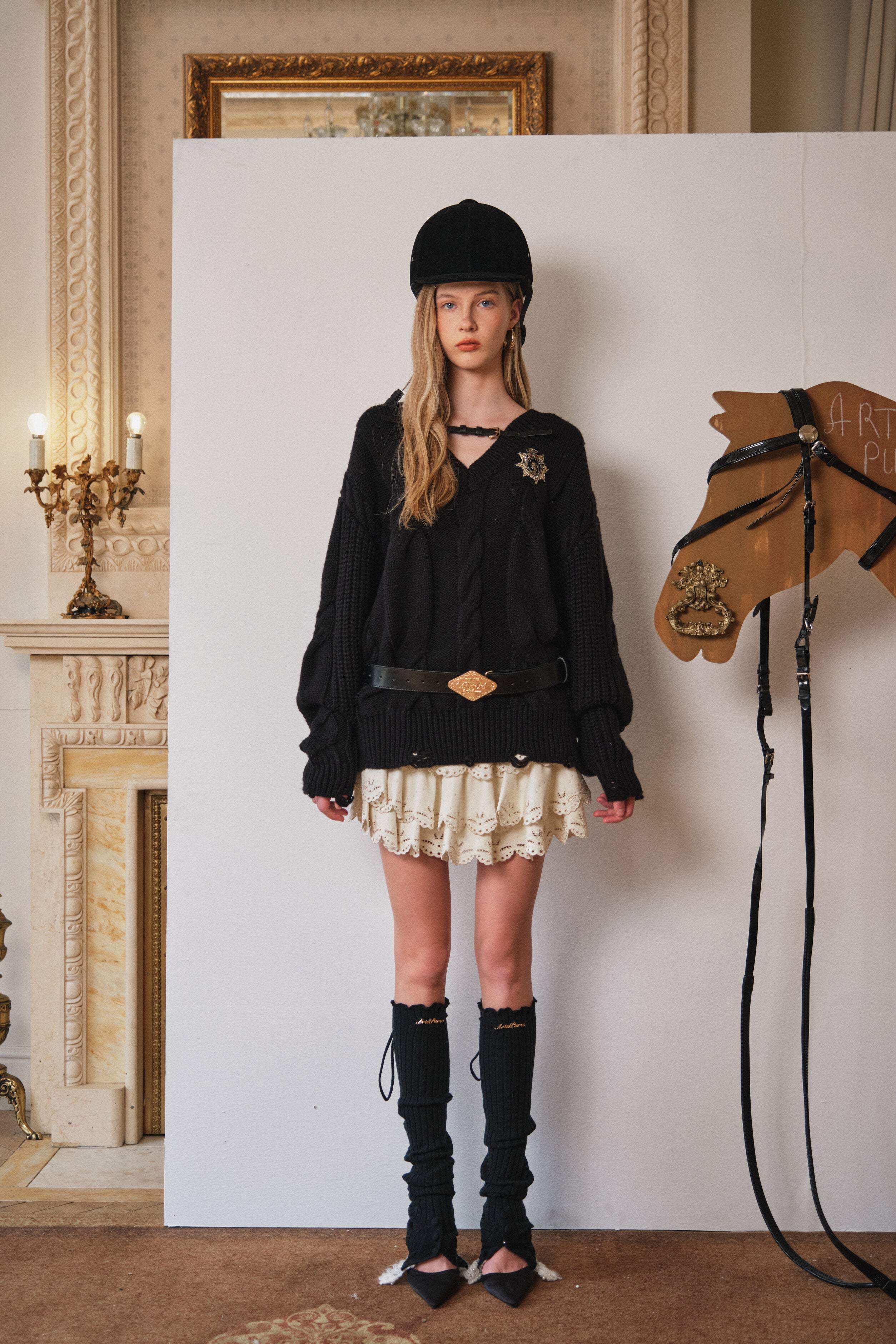 Black Belted Cable-Knit Pullover