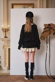 Black Belted Cable-Knit Pullover