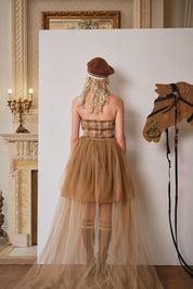 Brown Velvet Plaid Tube Dress with Flared Hem