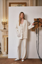 White V-Neck Pearl Knit Cardigan