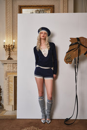 Navy Lace-Trim Knit Top with Contrasting Bow