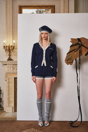 Navy Plaid Contrast Knit Cardigan