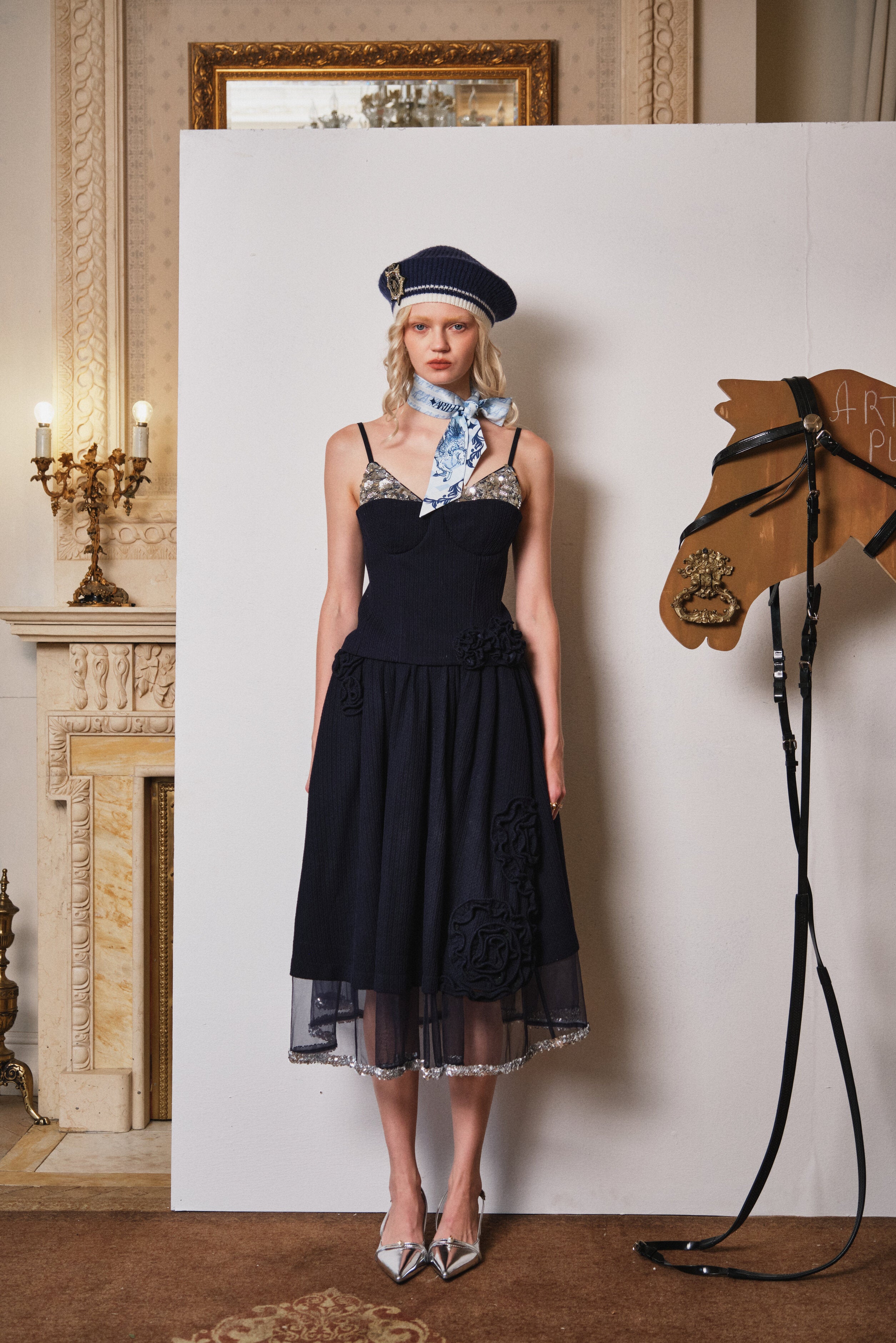 Navy Faux-Layer Knit Camisole with Sequin Panels