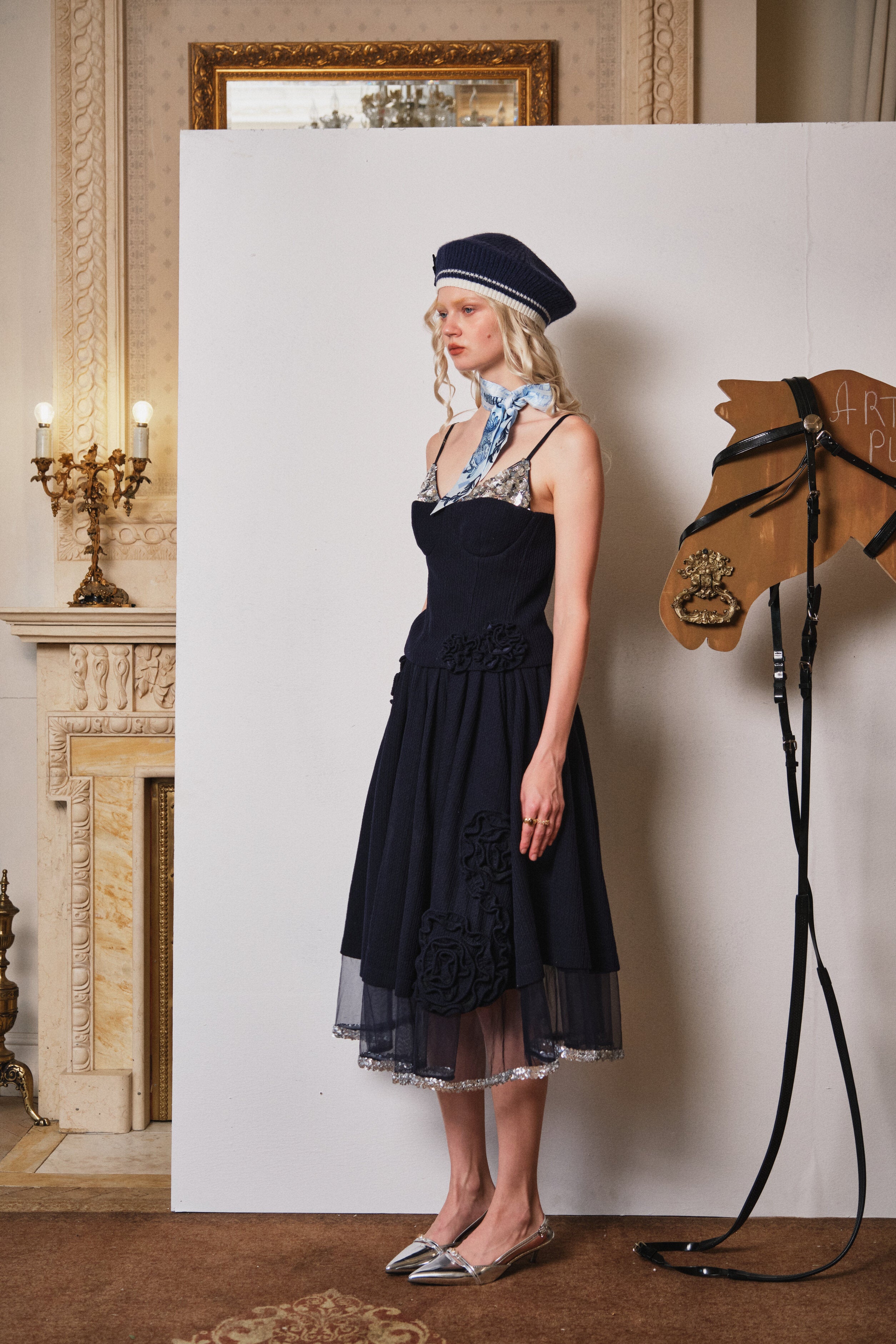 Navy Faux-Layer Knit Camisole with Sequin Panels