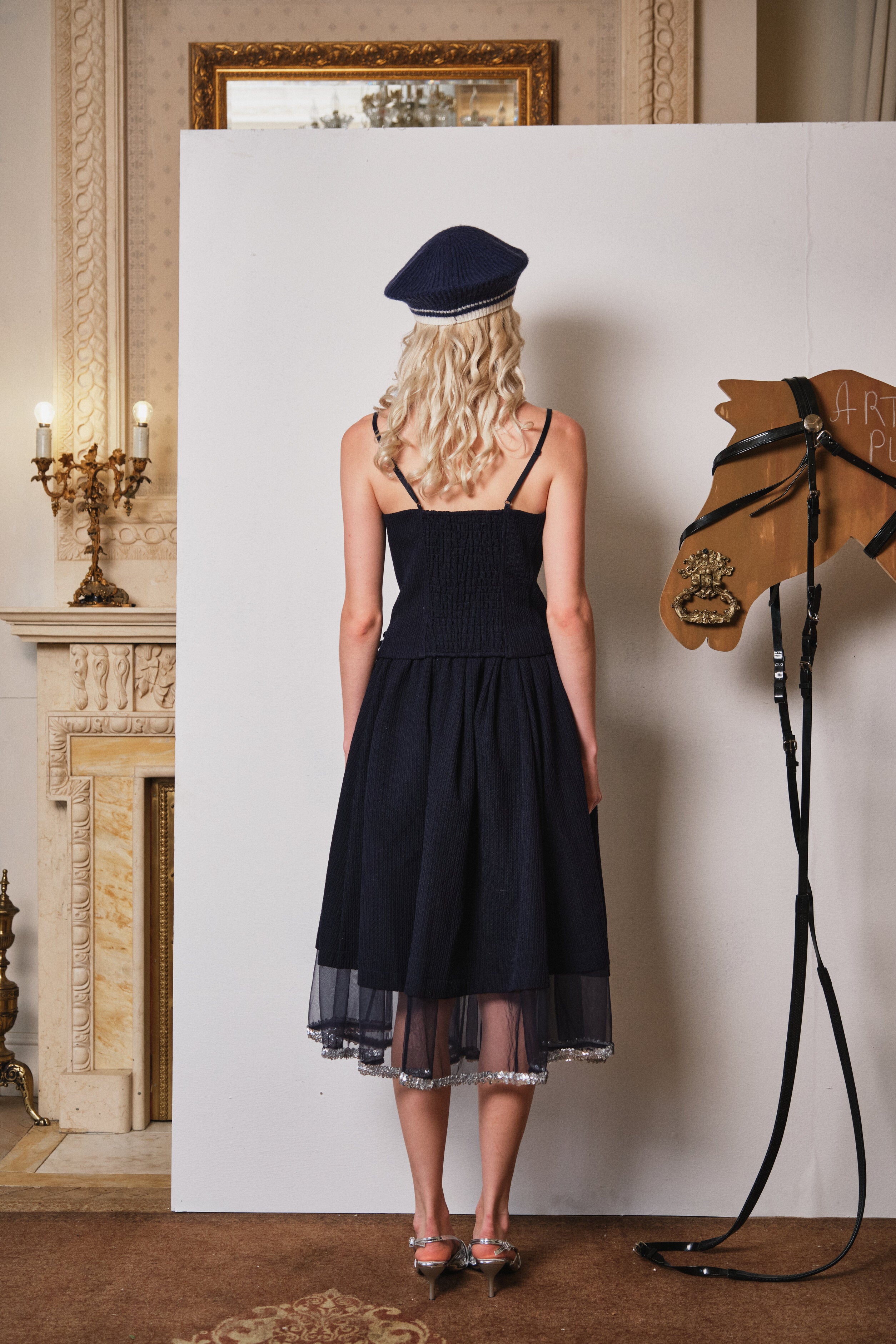 Navy Faux-Layer Knit Camisole with Sequin Panels
