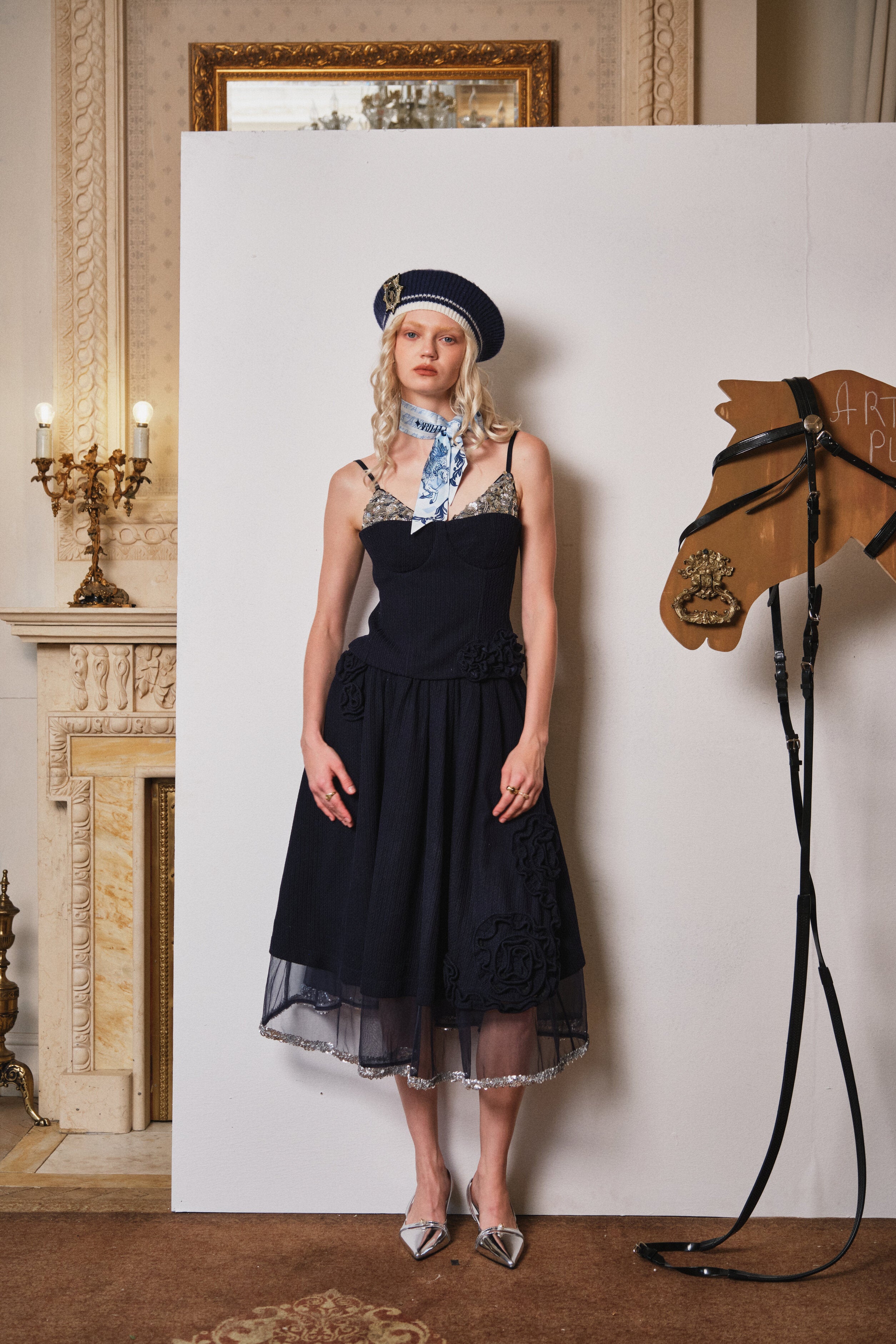 Navy Faux-Layer Knit Camisole with Sequin Panels