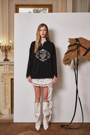 Black Printed Lace Hoodie Fleece Long T-Shirt