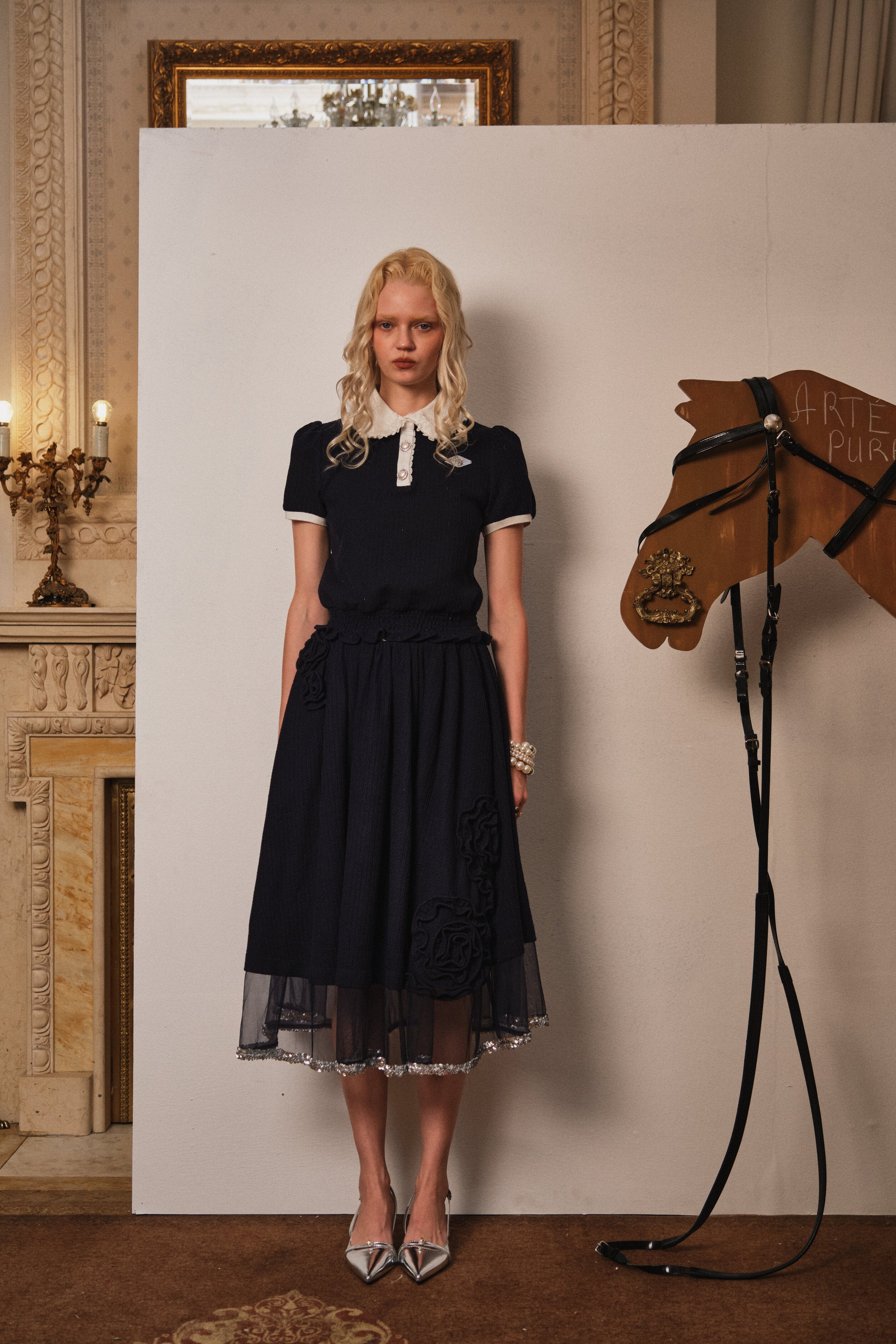 Navy Lace Polo Top