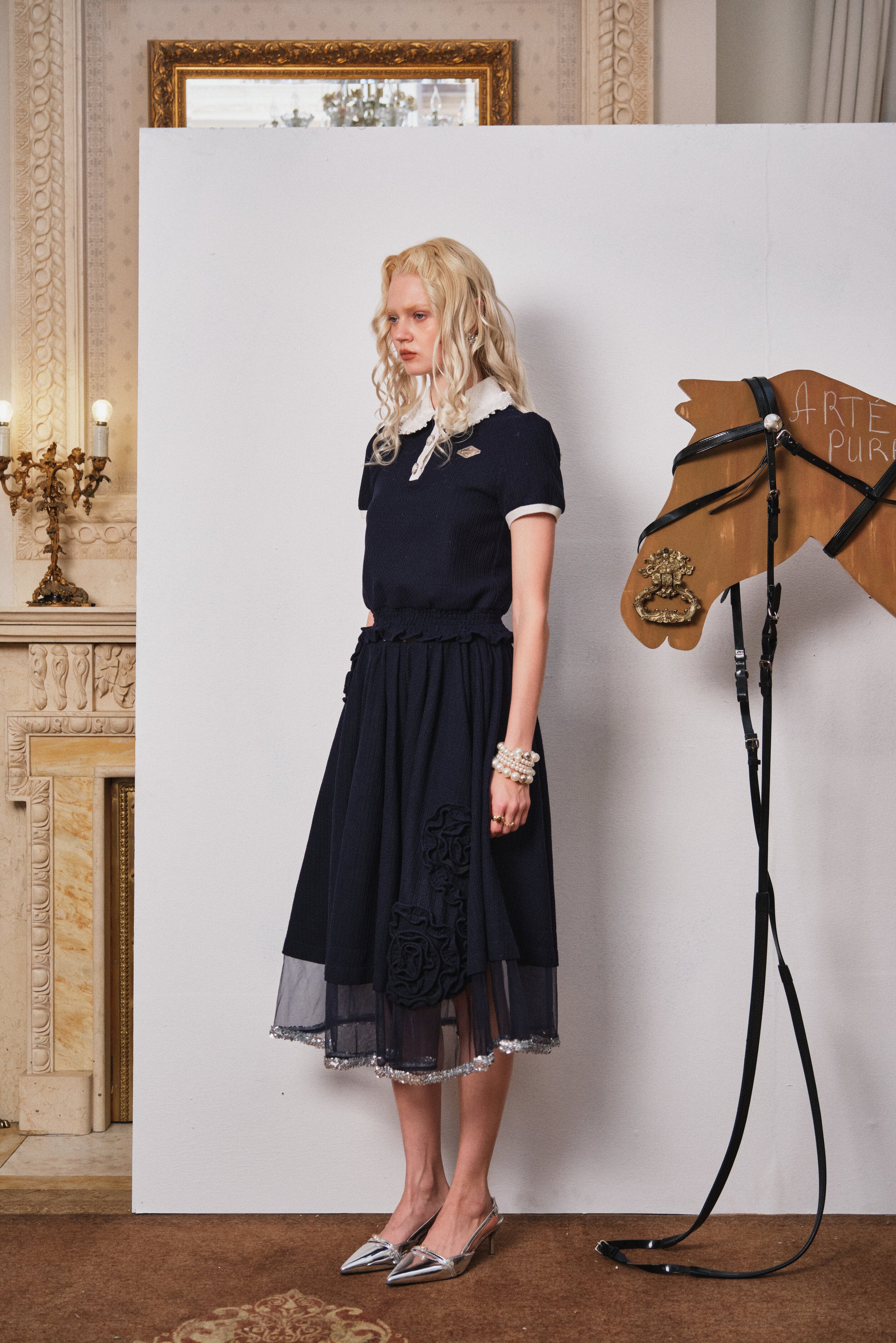 Navy Lace Polo Top