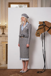 Gray Sequin-Waist Cable-Knit Midi Skirt