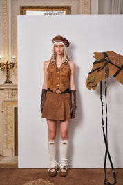 Khaki Tweed Belted Pleated Skirt