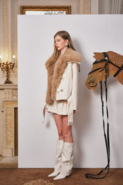 Ivory Colorblock Faux-Fur Large Collar Wool Coat
