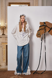 Light Blue Lace Wave-Hem Split Denim Pants