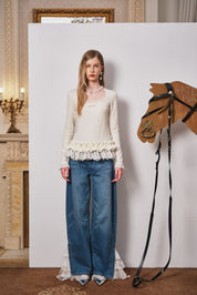 Ivory Lace-Trim Wool Knit Scalloped Top