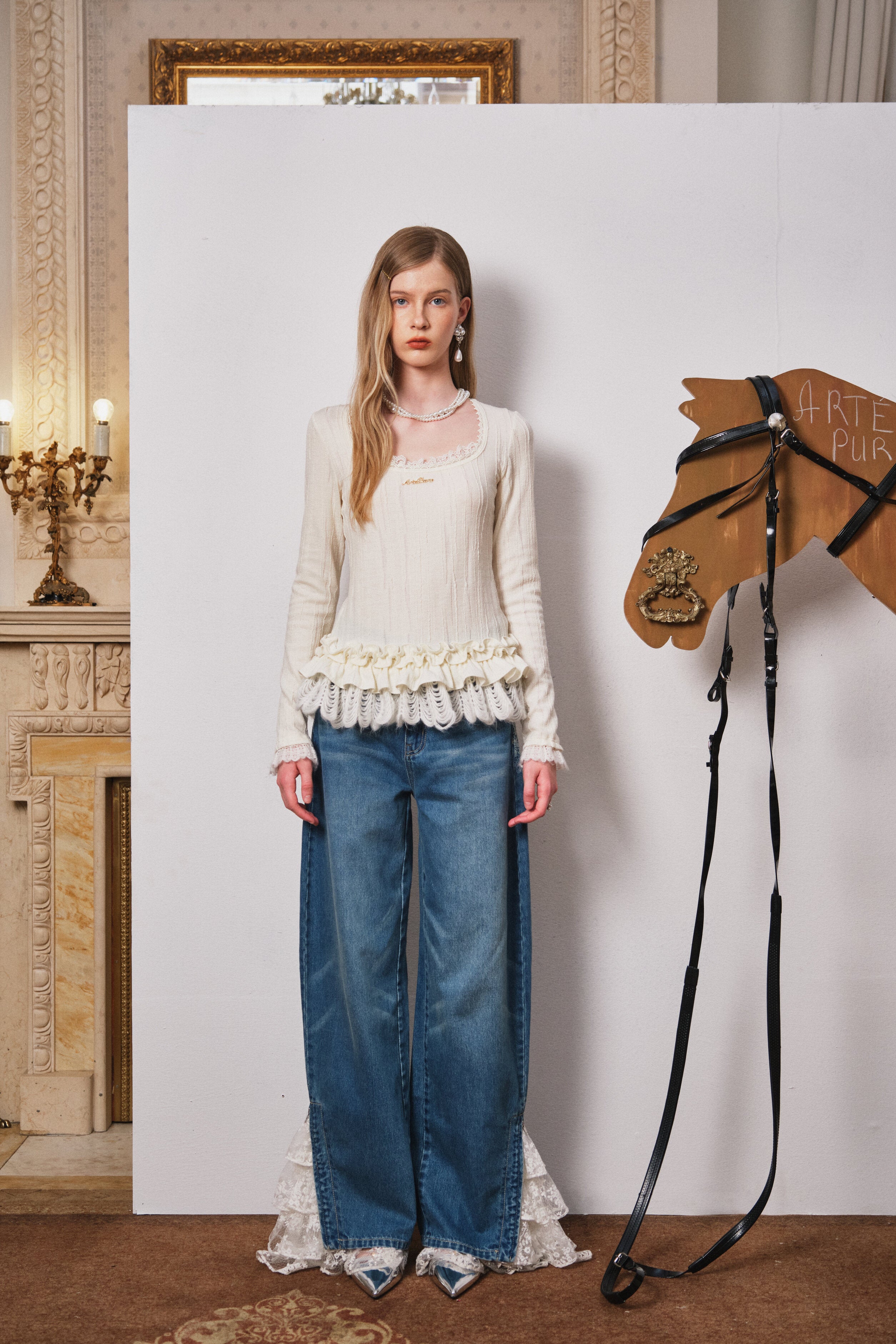 Ivory Lace-Trim Wool Knit Scalloped Top