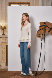 Light Blue Lace Wave-Hem Split Denim Pants