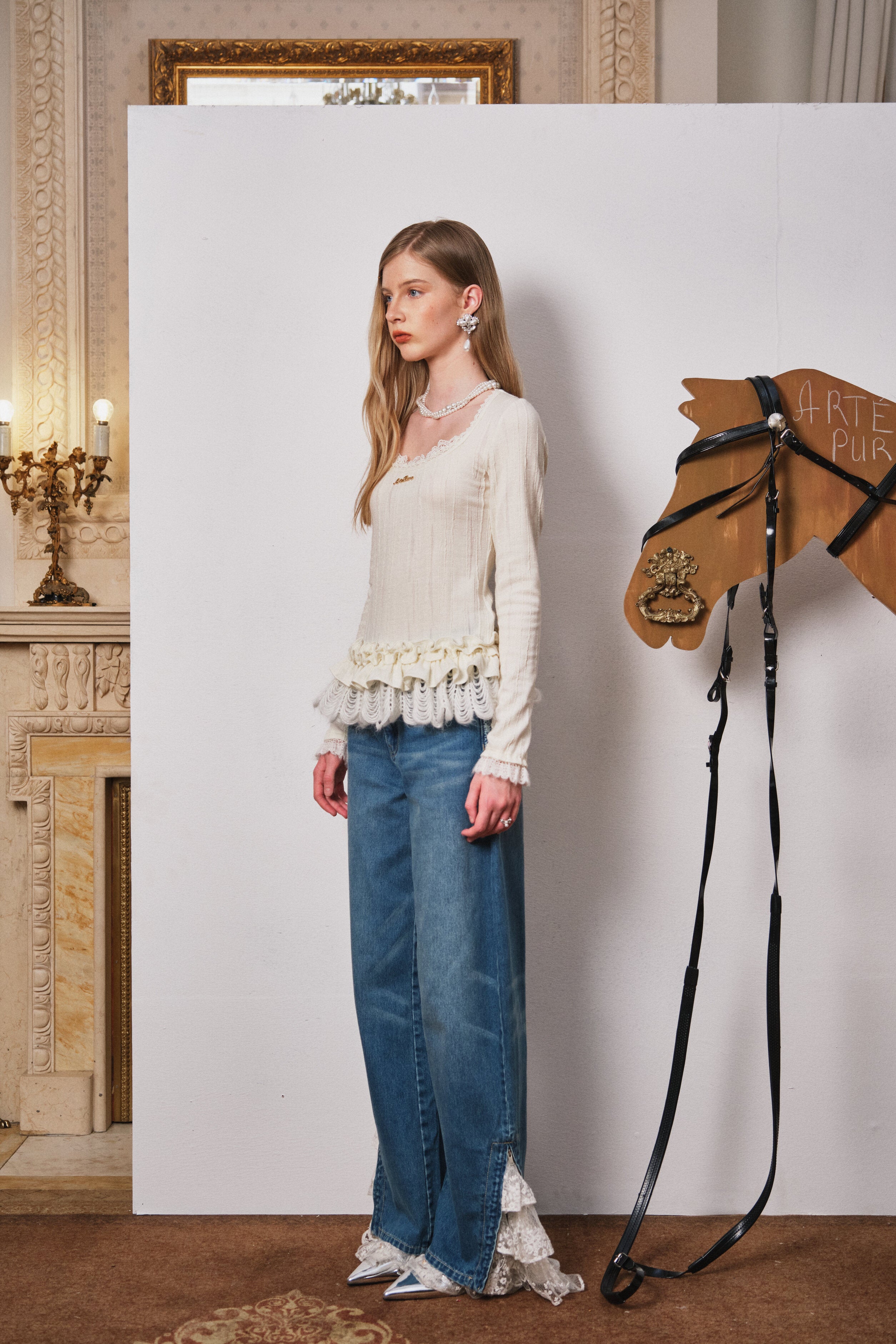 Ivory Lace-Trim Wool Knit Scalloped Top