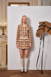 Brown Plaid Mini Skirt with Decorative Buttons
