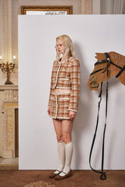 Brown Plaid Mini Skirt with Decorative Buttons