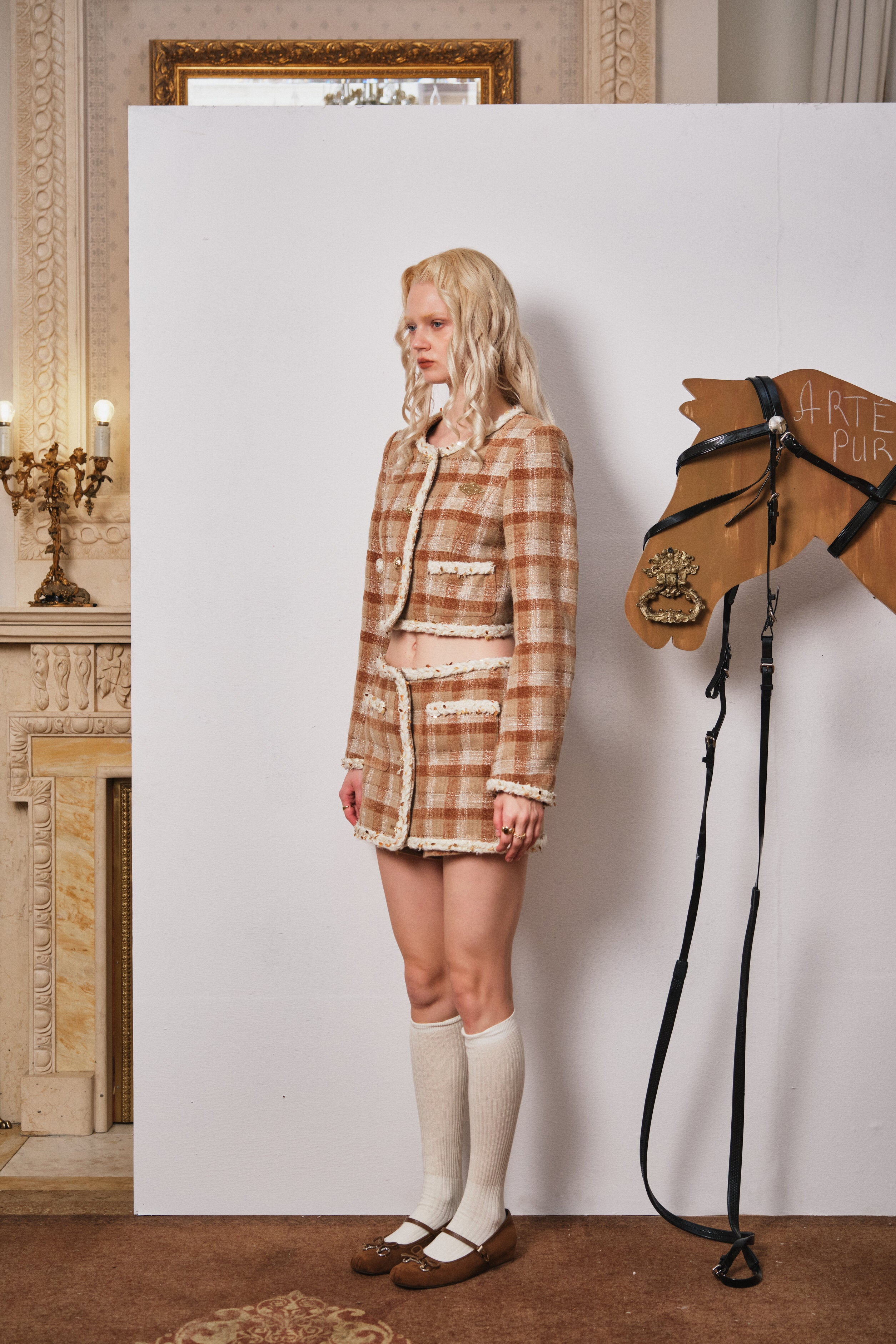 Brown Plaid Mini Skirt with Decorative Buttons