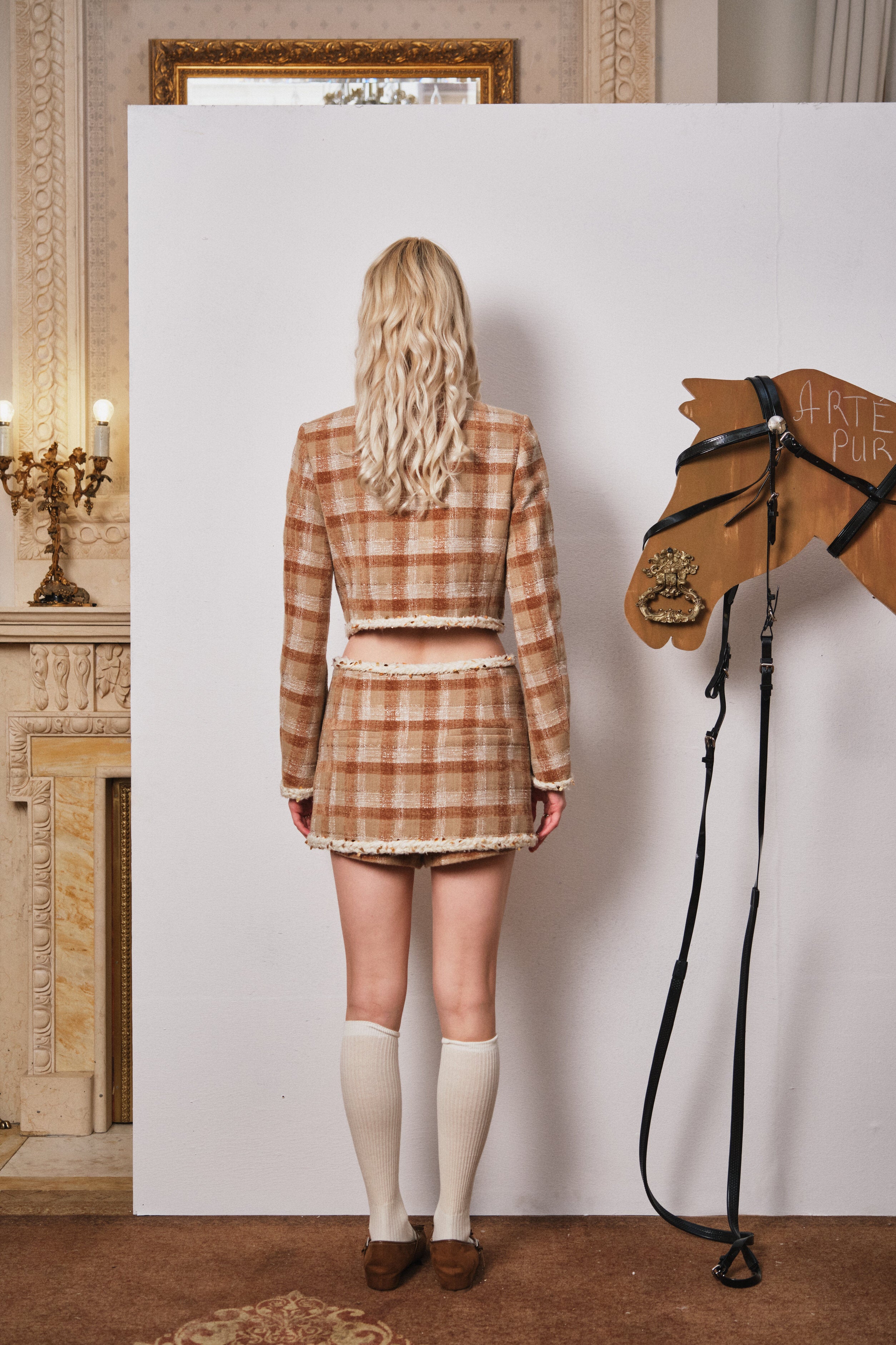 Brown Plaid Mini Skirt with Decorative Buttons