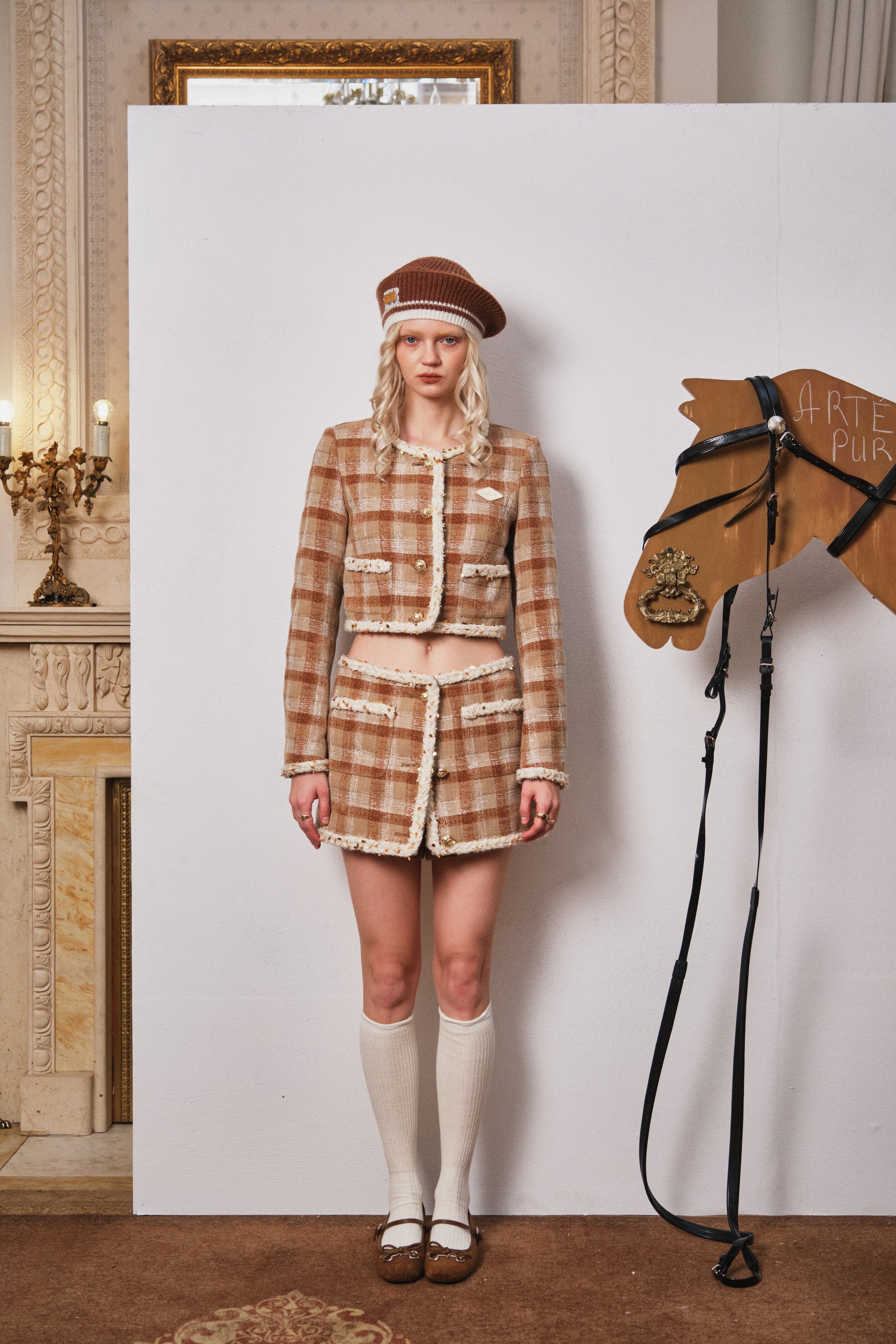 Brown Plaid Mini Skirt with Decorative Buttons