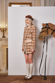 Brown Plaid Mini Skirt with Decorative Buttons
