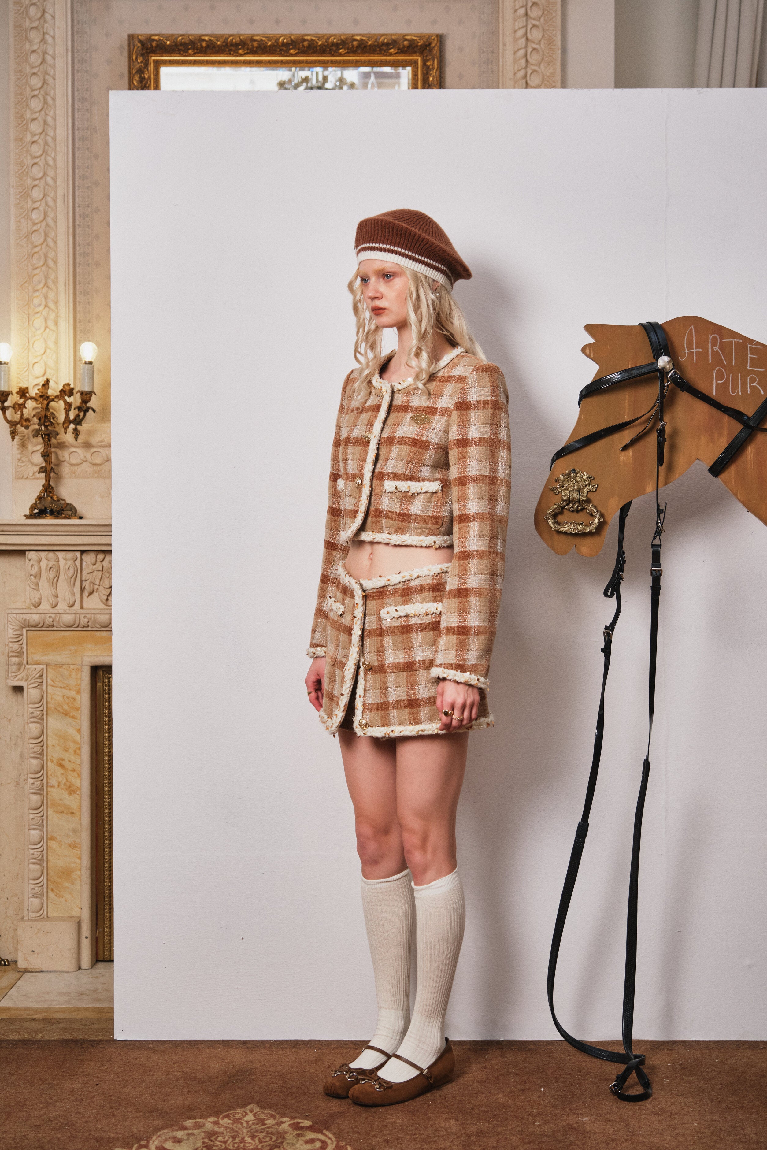 Brown Plaid Mini Skirt with Decorative Buttons