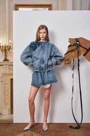Blue Lace-Trim Floral Denim Drawstring Jacket