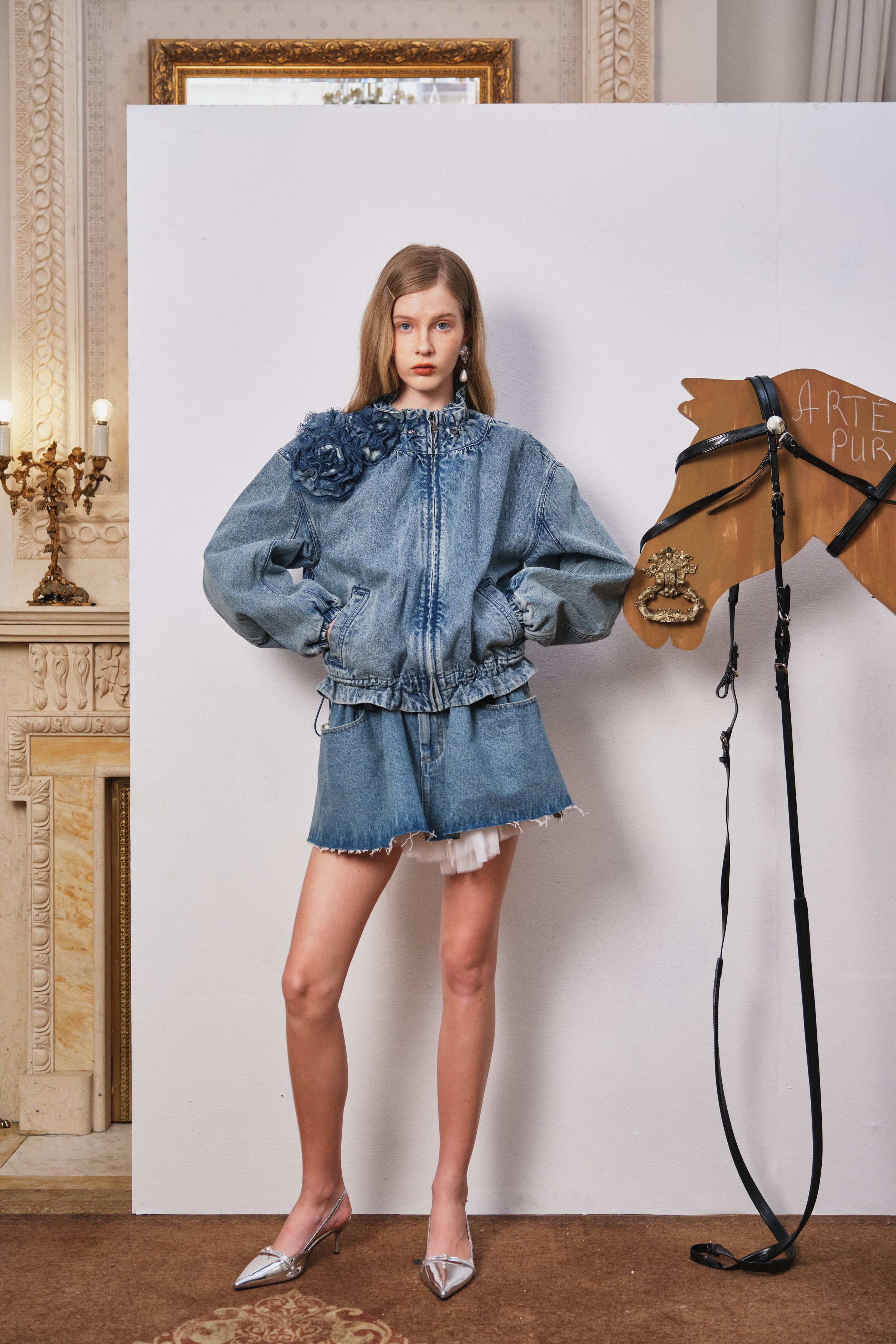 Blue Lace-Trim Floral Denim Drawstring Jacket