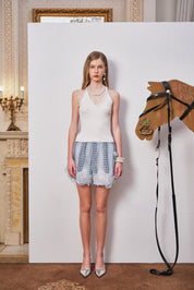 White Halter Knit Top with Lace and Sequin Detail