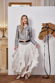 White Wavy-Hem Midi Skirt with Belt